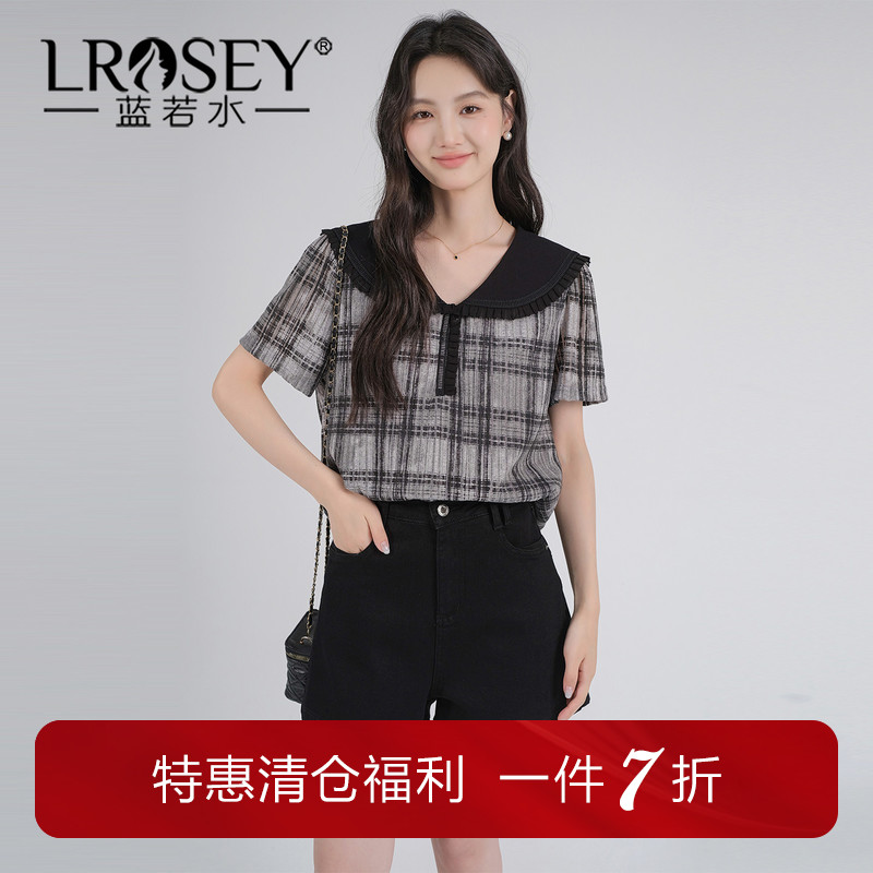蓝若水大码女装复古格纹海军领衬衫2026夏装新款胖MM宽松显瘦上衣