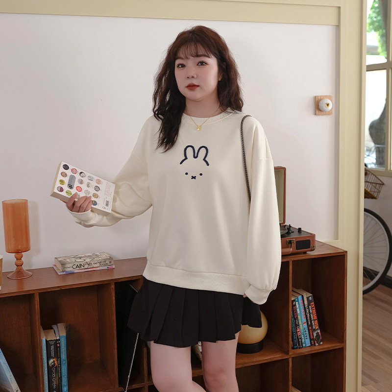 LAN RUOSHUI 플러스 사이즈 여성 게으른 스타일 느슨한 토끼 자수 스웨터 봄 새로운 슬리밍 지방 MM 세련된 탑