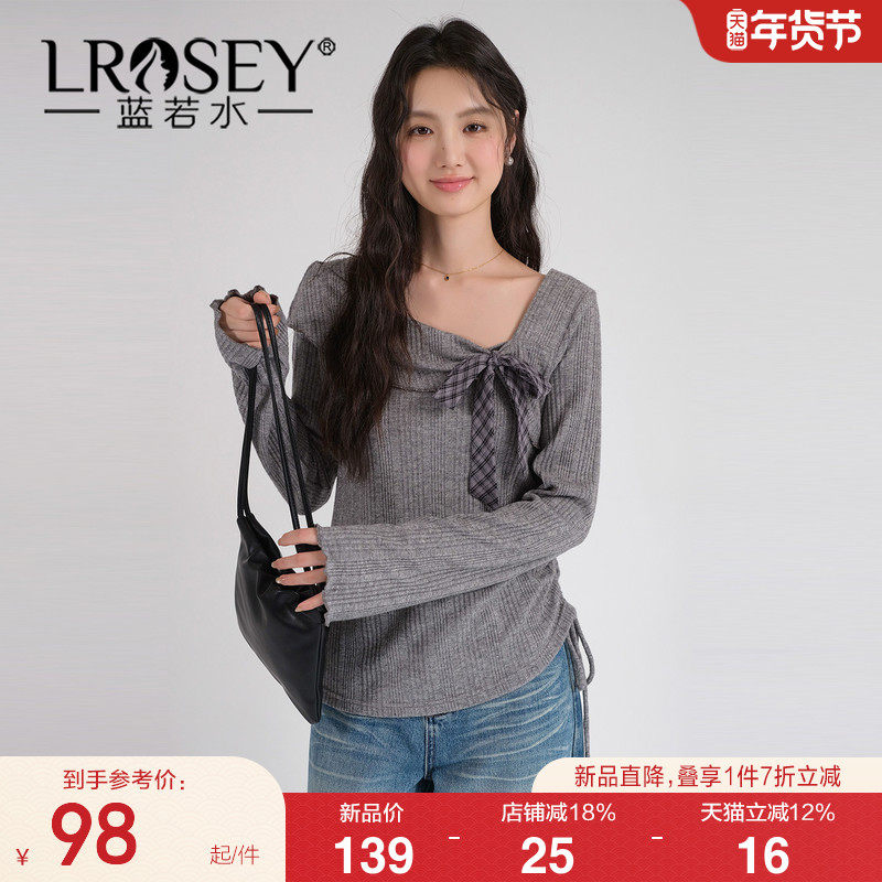 【别致蝴蝶结斜领针织T恤】蓝若水大码2026春装新款抽绳收腰上衣,女装/女士精品,大码内搭,淘宝优惠券,粉丝福利购,淘宝优惠卷