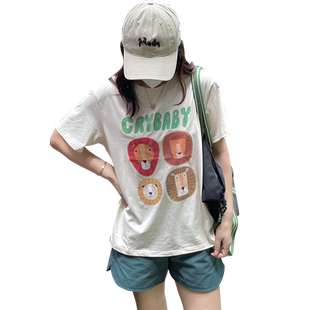 蓝若水大码女装动物印花T恤胖mm夏装小众休闲巨显瘦短袖上衣ins潮