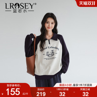 胖mm宽松插肩袖 蓝若水大码 新款 半拉链Polo领印花卫衣秋装 上衣 女装