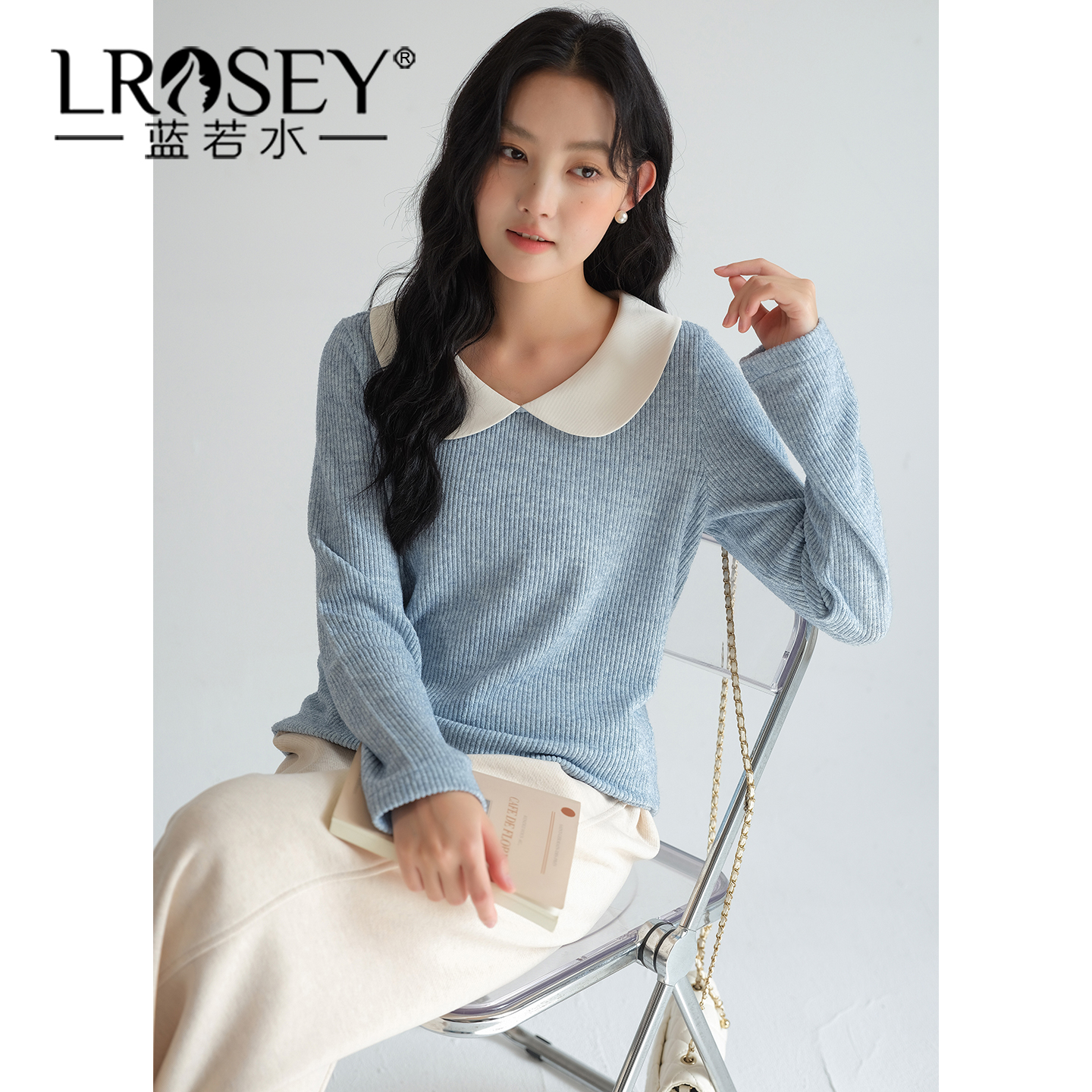 蓝若水撞色娃娃领显瘦上衣