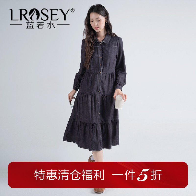 蓝若水大码女装复古仿牛仔衬衫裙2026秋装新款胖MM褶皱拼接连衣裙