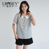 女装 拼色娃娃领条纹衬衫 2026夏装 蓝若水大码 新款 胖MM韩系复古上衣
