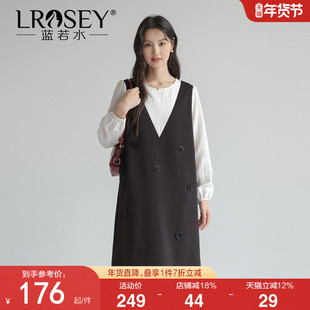 蓝若水大码女装假两件花朵钉珠直筒裙2026春装新款轻奢时尚连衣裙