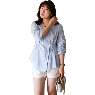 蓝若水大码女装设计感别致V领衬衣胖mm春装新款遮肉显瘦洋气衬衫
