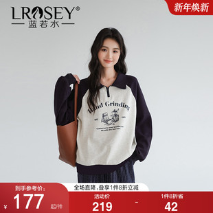 胖mm宽松插肩袖 蓝若水大码 新款 半拉链Polo领印花卫衣春装 上衣 女装