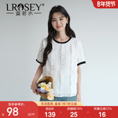 肌理感撞色圆领雪纺衫 蓝若水大码 2026夏新款 减龄遮肚短袖 衬衣