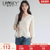 胖MM显瘦七分袖 蓝若水大码 上衣 新款 钩花镂空V领衬衫 女装 2026春装