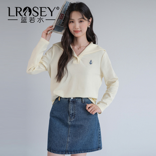 新款 2025秋装 珠地棉海军领针织T恤 甜美学院风上衣 蓝若水大码