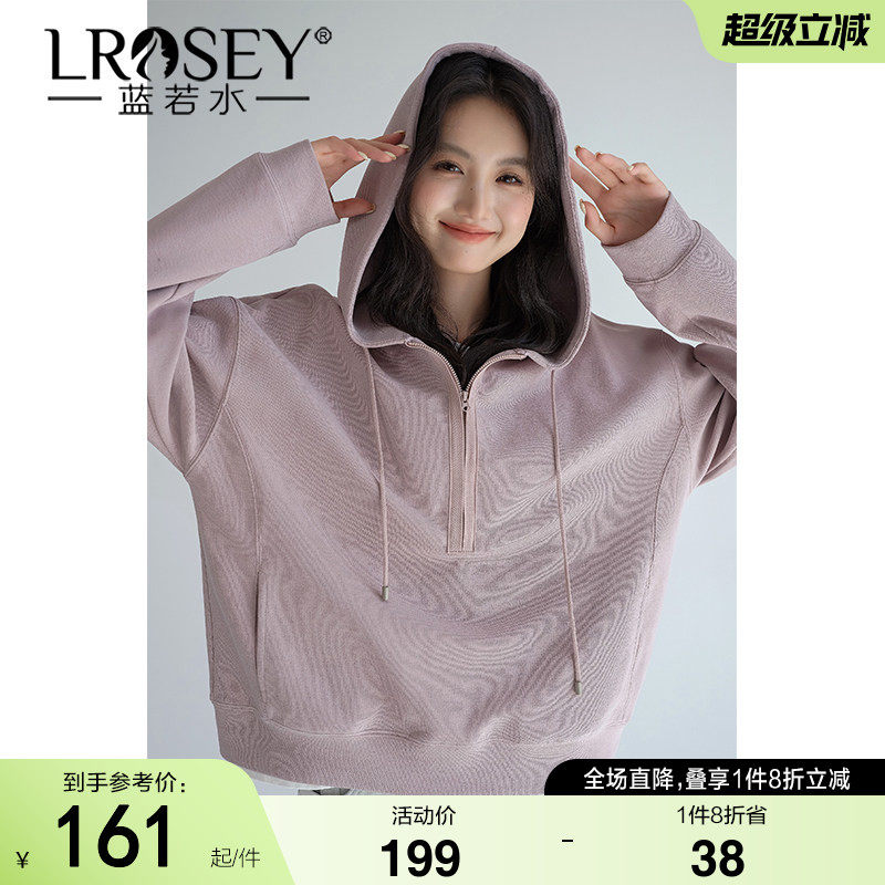 蓝若水大码女装美式半拉链连帽套头卫衣胖mm2026春装新款慵懒上衣