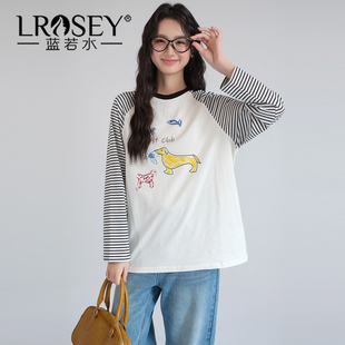 爽滑双纱棉插肩长袖 新款 T恤 2026春装 趣味印花上衣 蓝若水大码