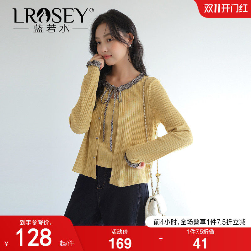 蓝若水大码女装2026秋装新款假两件叠穿针织衫胖mm木耳边系带上衣