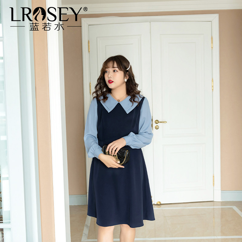 蓝若水大码女装2020秋新款胖MM宽松加肥洋气减龄娃娃领显瘦连衣裙