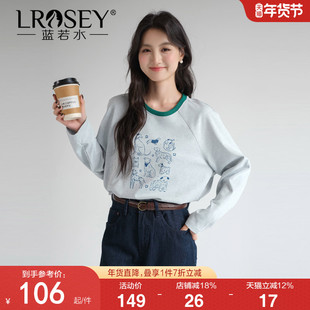 蓝若水大码女装圆领印花上衣胖mm2026春装新款宽松遮肚子长袖t恤
