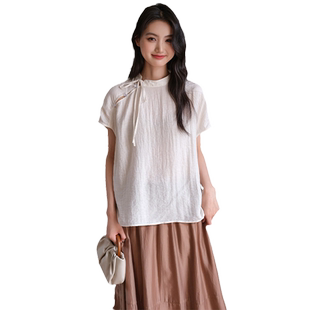 【新中式亚麻短袖衬衫】蓝若水大码2026夏季新款斜襟立领国风上衣