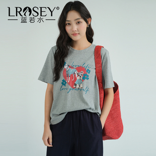 新款 萌宠爱心印花T恤胖MM2026夏装 遮肚子宽松上衣 女装 蓝若水大码