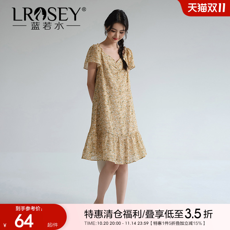 蓝若水雪纺碎花裙淑女显瘦连衣裙