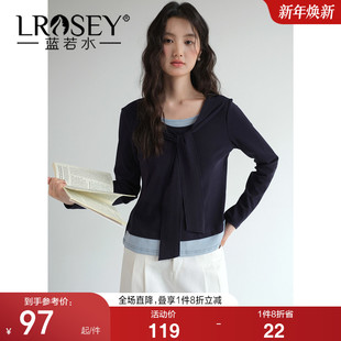 假两件披肩针织衫 遮肚子修身 蓝若水大码 新款 拼接T恤 2026春装