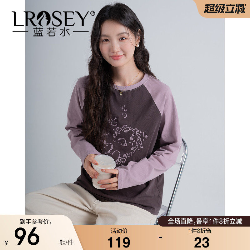 蓝若水大码女装2026秋装新款撞色插肩袖印花T恤胖MM宽松显瘦上衣