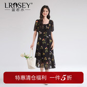 蓝若水大码 复古收腰淑女长裙 新品 女装 胖mm抽绳方领碎花连衣裙夏季