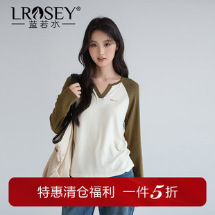 蓝若水大码女装复古插肩长袖V领上衣胖mm春季新款显瘦美式打底T恤