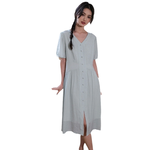 蓝若水大码女装高级感淑女V领连衣裙胖MM夏装气质收腰显瘦长裙