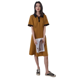 蓝若水大码女装休闲撞色Polo领连衣裙胖mm夏装别致收腰中裙