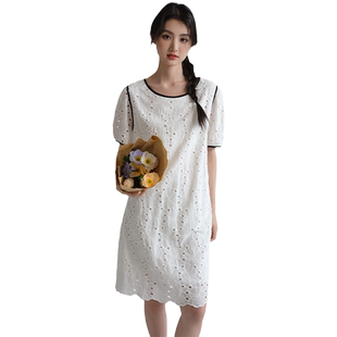 蓝若水大码女装甜美气质镂空蕾丝连衣裙胖mm夏装简约时尚公主裙