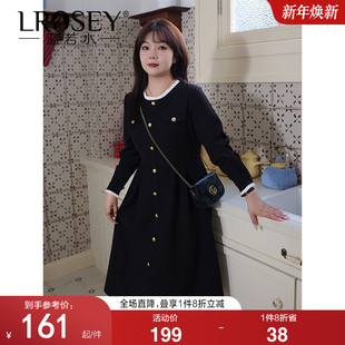 复古小香风木耳边圆领连衣裙胖mm气质小黑裙女 新款 蓝若水大码 春装