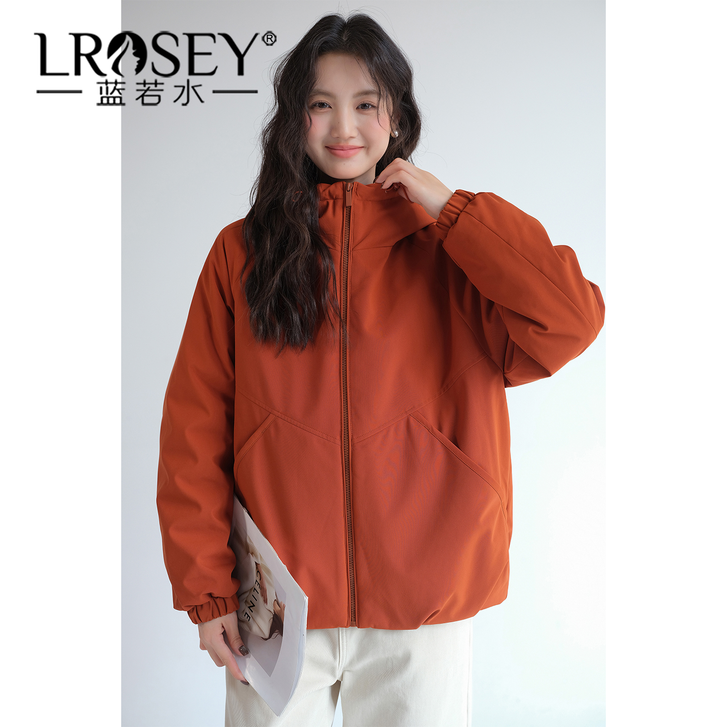 蓝若水设计感纯色连帽显瘦外套