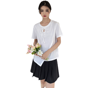 蓝若水大码女装设计感不规则上衣胖mm夏装显瘦系带镂空T恤