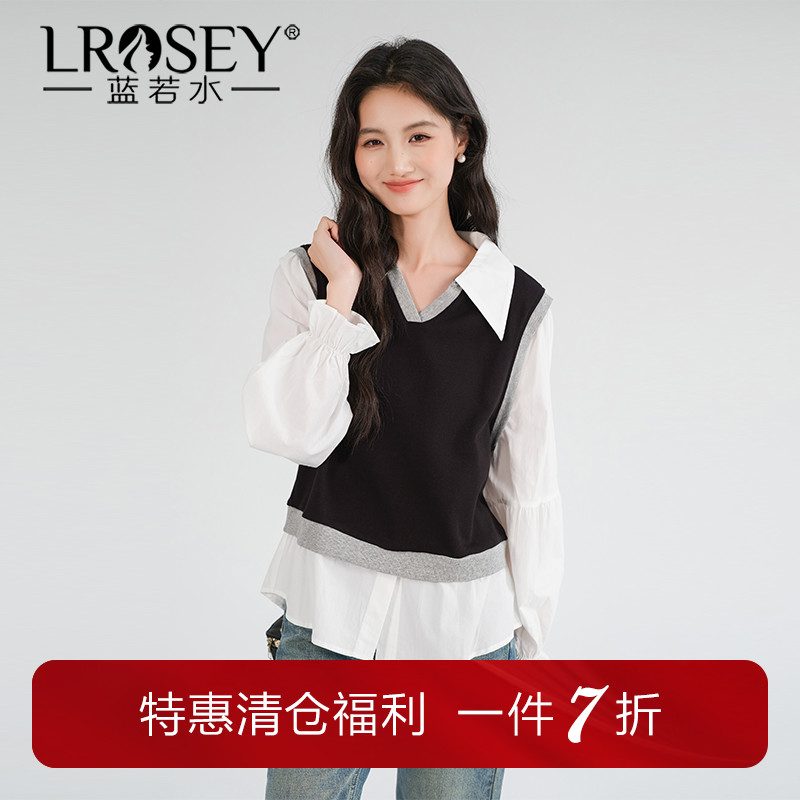 蓝若水假两件拼接衬衫巨显瘦上衣