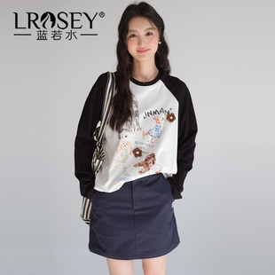 亲肤爽滑双纱棉T恤 插肩长袖 蓝若水大码 新款 印花上衣 2026春装