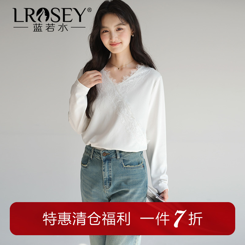 蓝若水蕾丝V领打底针织衫上衣