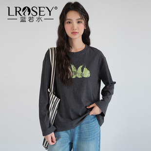 小众水果印花长袖 新款 T恤 2026春装 通勤简约ins上衣 蓝若水大码