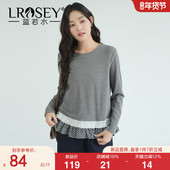 女装 格纹荷叶边拼接针织T恤2026春装 新款 蓝若水大码 胖MM修身 上衣