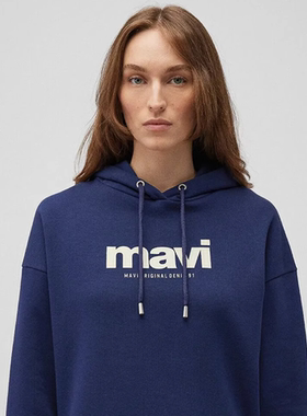 土耳其mavi藏青色印花连帽情侣卫衣运动衫