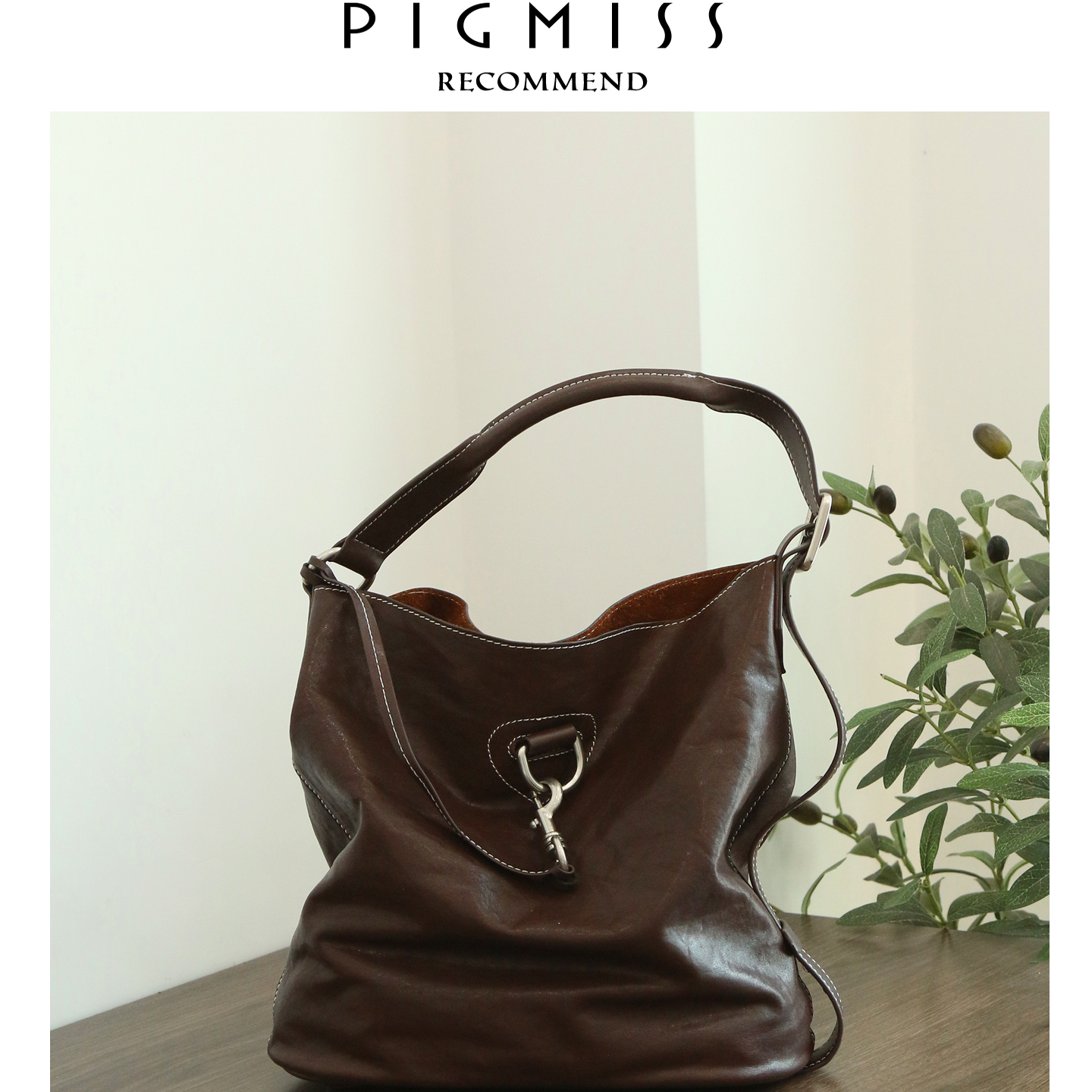 【PIGMISS】头层植鞣牛皮水桶包新款女大容量复古单肩斜挎通勤包