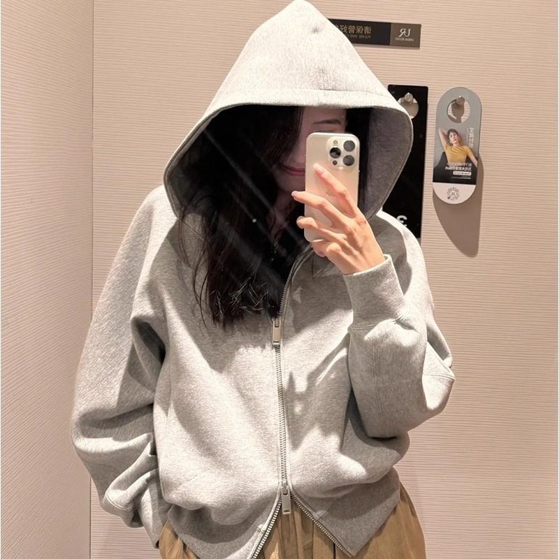 秋季穿搭灰色小个子双拉拉链卫衣外套女2025年早秋宽松连帽上衣