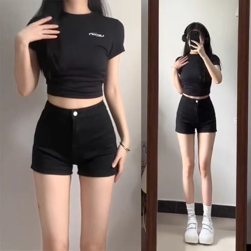 黑色高腰牛仔短裤女修身显瘦包臀辣妹紧身热裤休闲夏季气质百搭