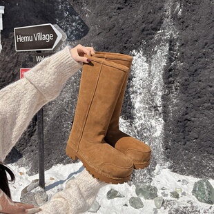 羊毛~大头丑萌高筒雪地靴女秋冬新款加绒棉鞋东北厚底增高长筒靴