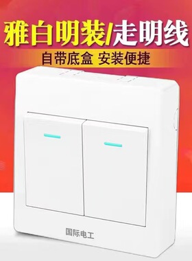 明装二开单控国际电工86型开关插座白色墙壁二位单联电灯家用开关