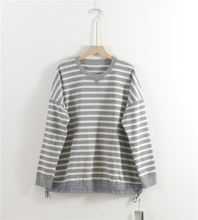 081803 日单 文艺风横条纹下摆抽绳收腰样式宽松长袖t恤 三色