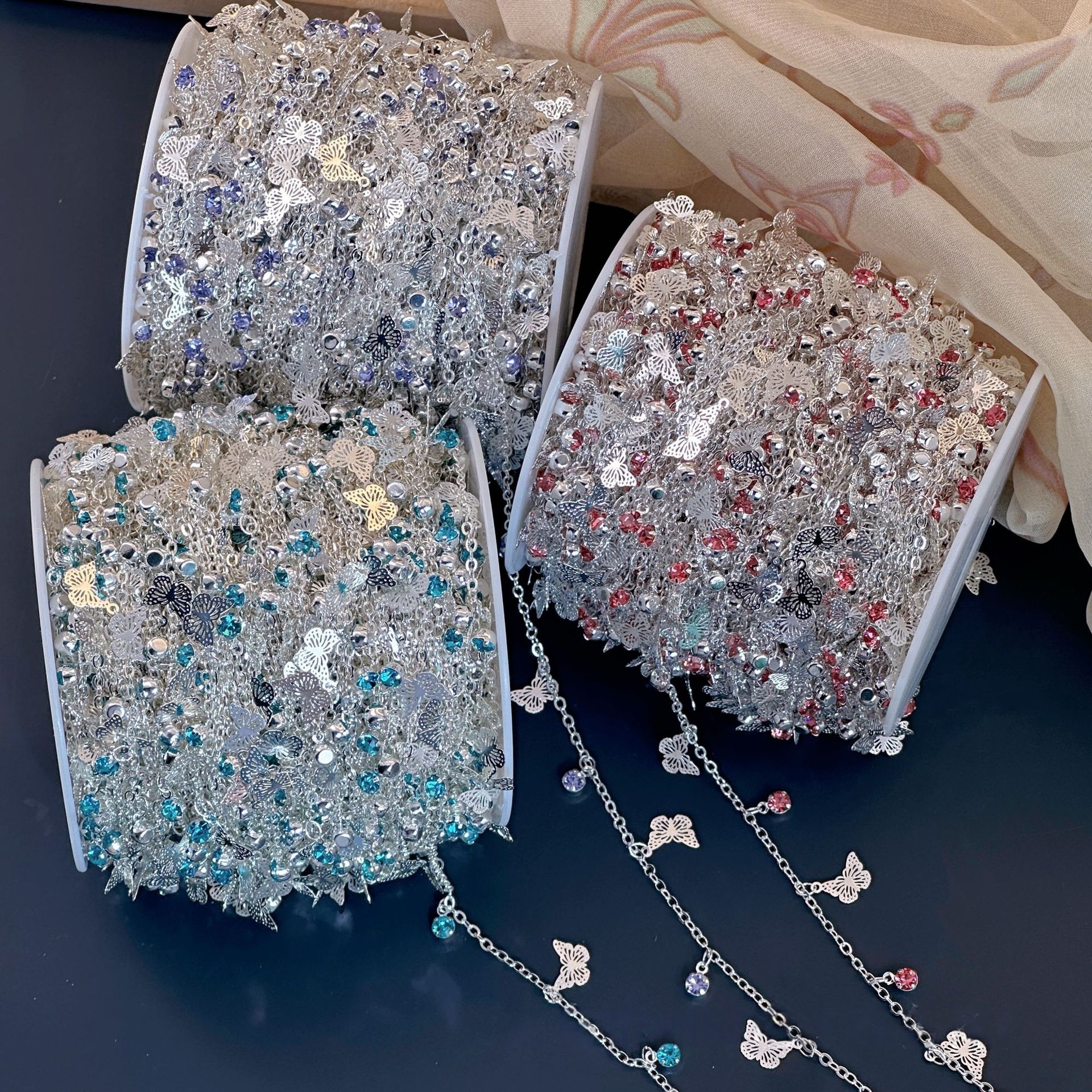 diy链条粉色紫色蓝色镂空蝴蝶加钻保色古风流苏步摇项链脚链