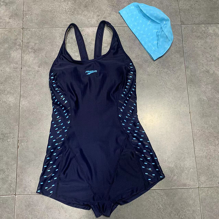 女士侧边拼块点点圆领专业竞赛平角裤大露背交叉无袖连体游泳衣
