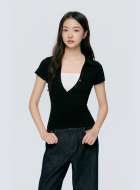 KSXN 假两件撞色深V领针织短袖夏季修身显瘦舒弹百搭polo上衣女