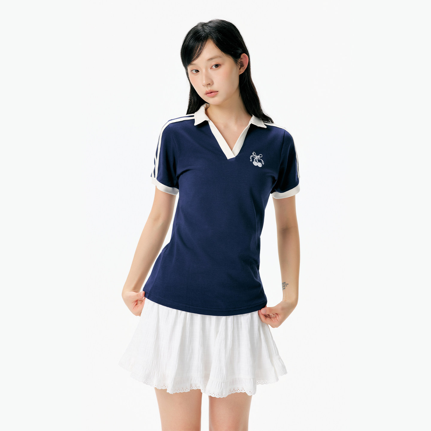 KSXN 樱桃刺绣辣妹polo领短袖T恤夏季修身显瘦女款时尚百搭上衣