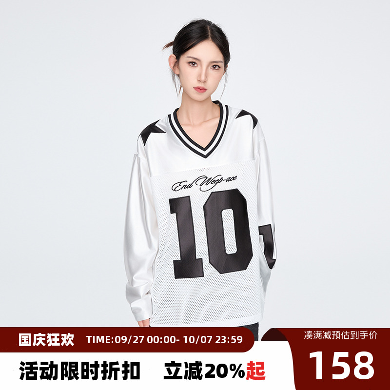 【Endweep官方店】美式复古V领10号网眼球衣宽松运动上衣长袖T恤