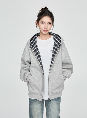 KSXN 格纹内里开衫卫衣美式设计感百搭宽松情侣外套